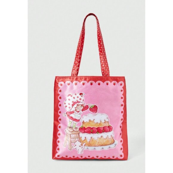 Strawberry Shortcake Satin Oversized Tote Bag – Cute Retro Cartoon Shopper Purse - Picture 3 of 4